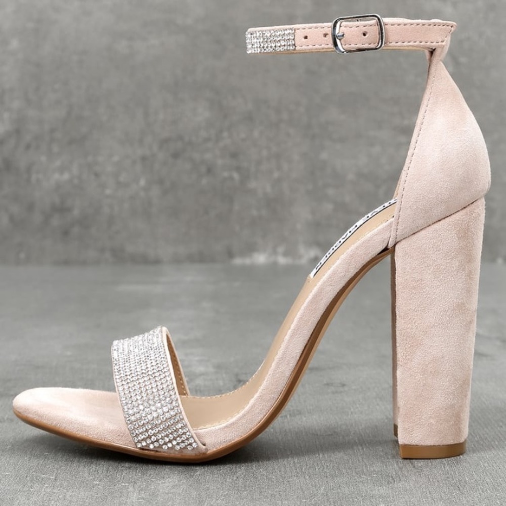 Carrson-R Rhinestone Nude Suede Leather Ankle Strap Heels